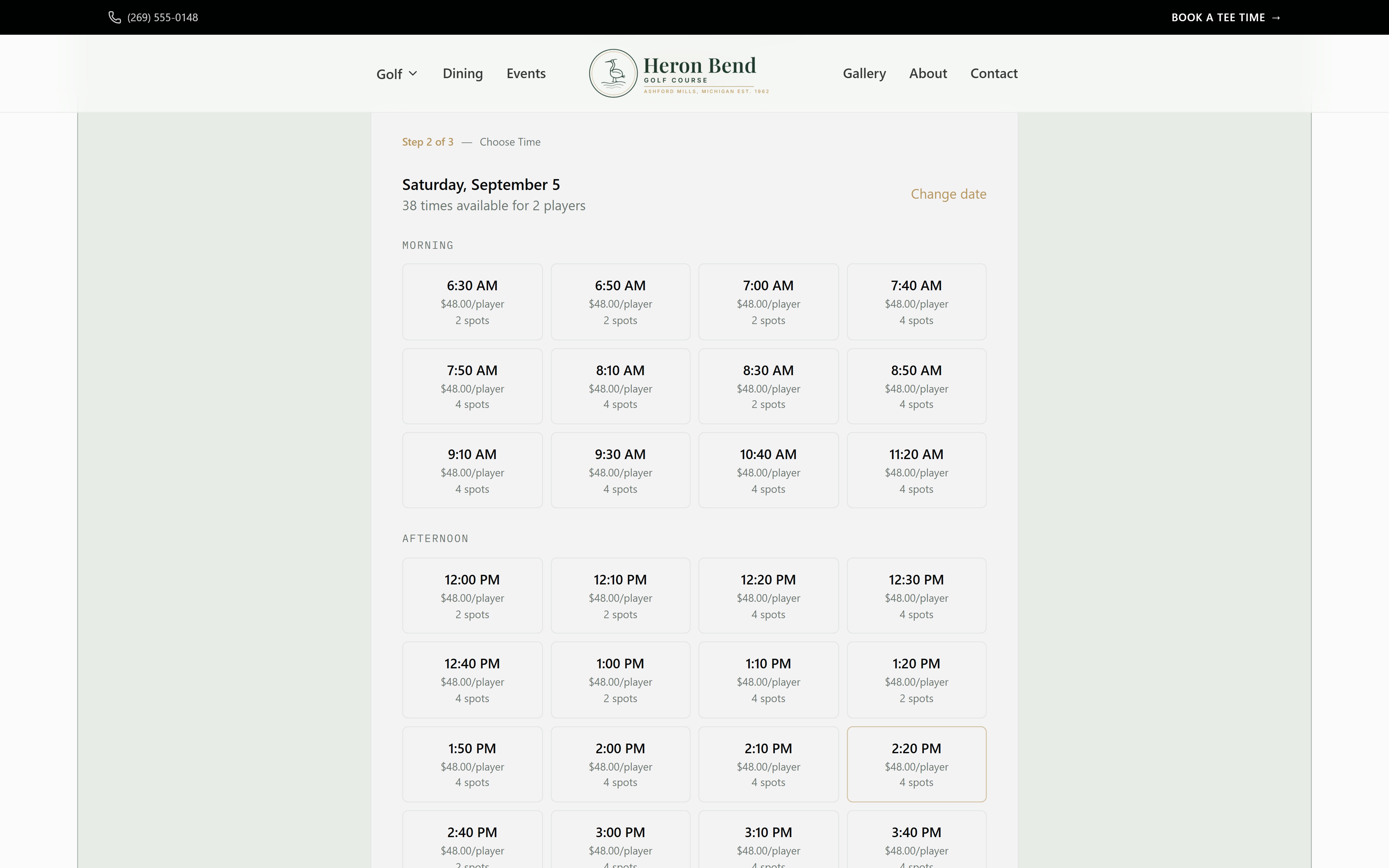Choosing a tee time on a course website, on a desktop