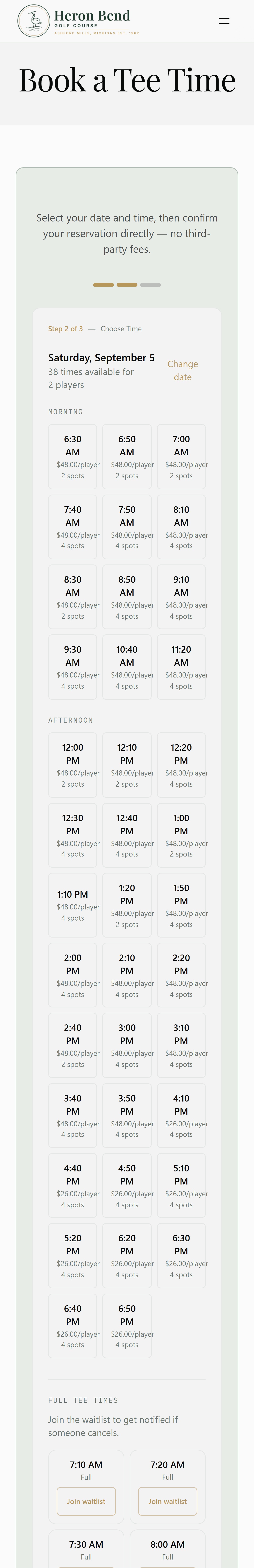 Choosing a tee time on the same site, on a phone