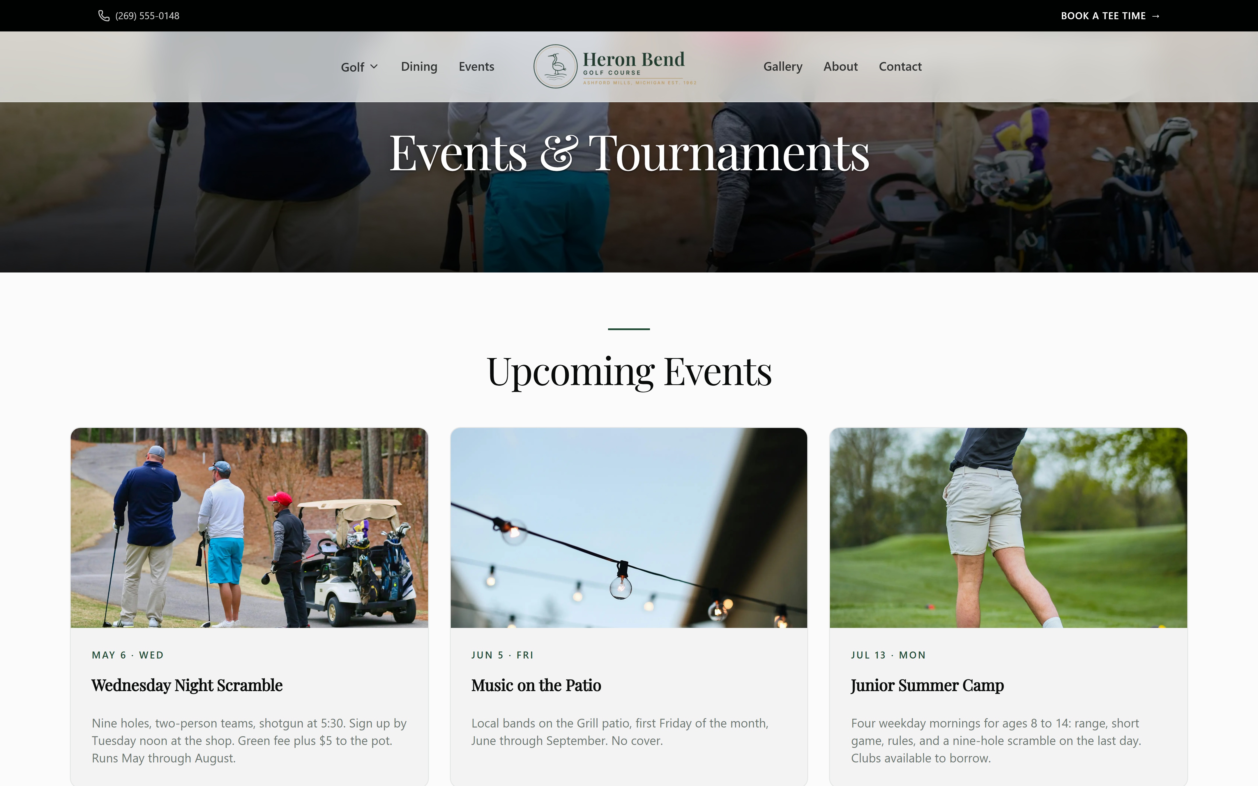 Events page of a course site built with SCORD