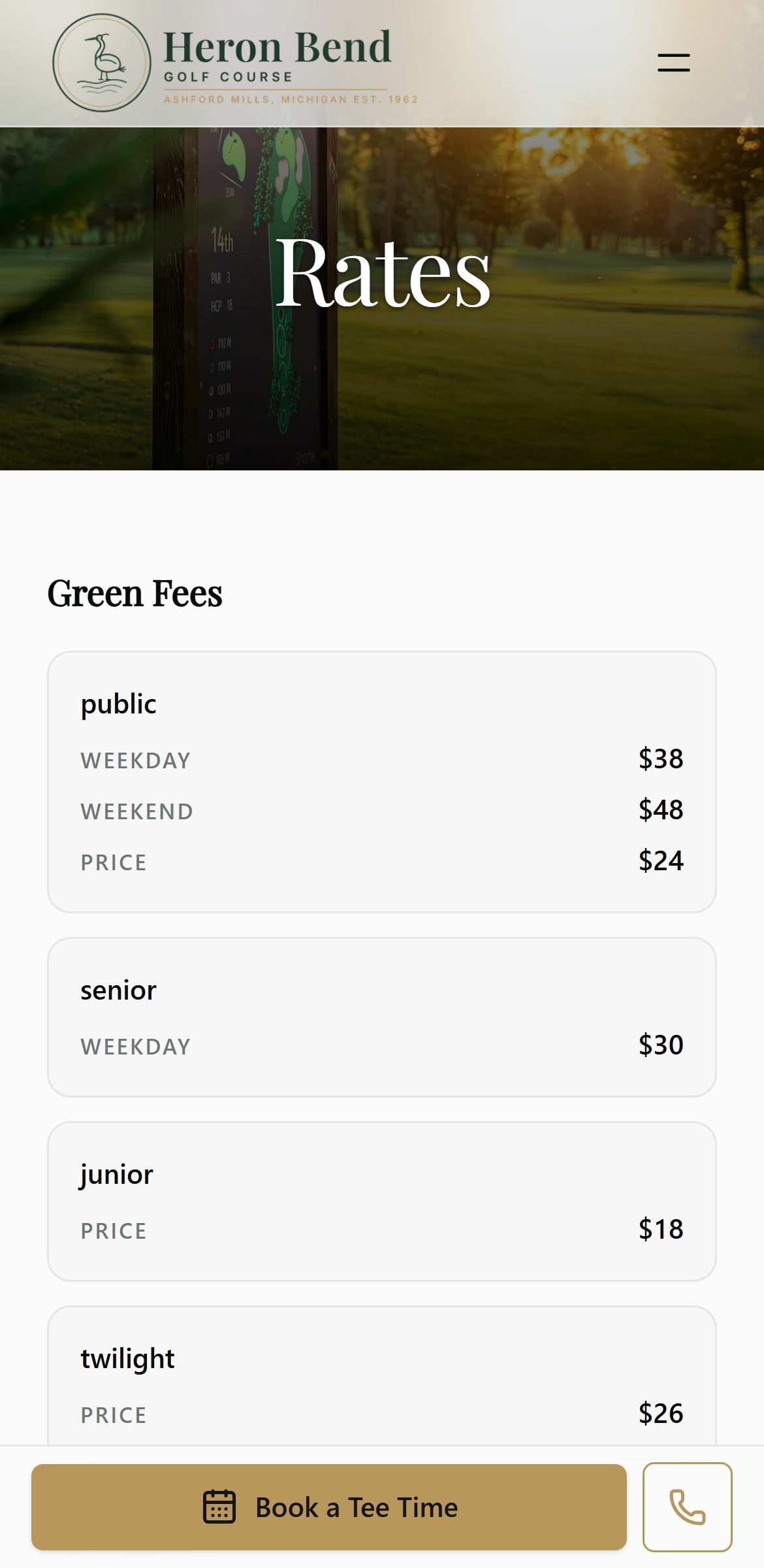 Rates page on a phone
