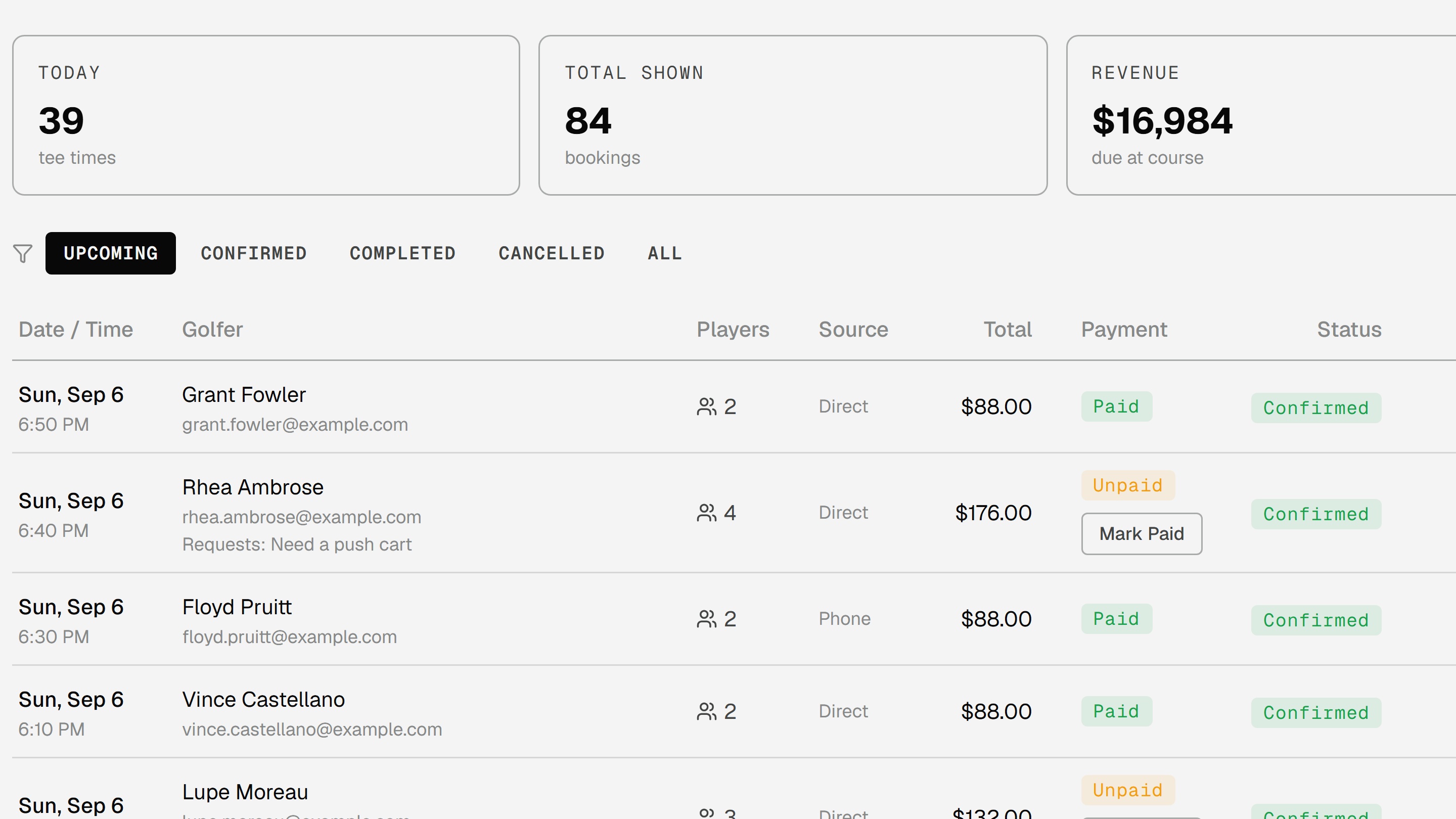 Bookings list in the SCORD portal, direct bookings marked by source