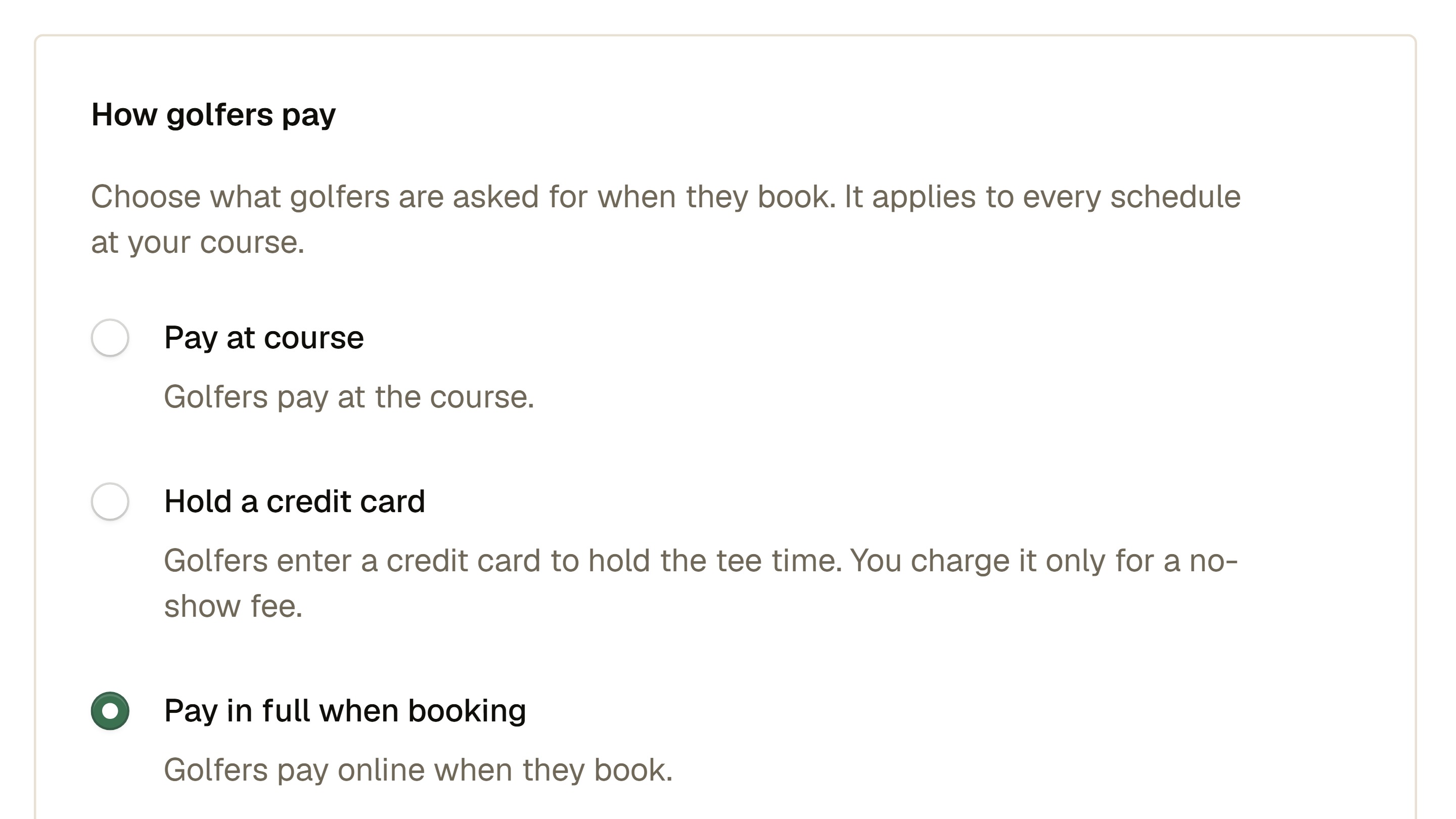 Golfer Payments in the SCORD portal: How golfers pay, with Pay at course, Hold a credit card, and Pay in full when booking, and the course's choice marked