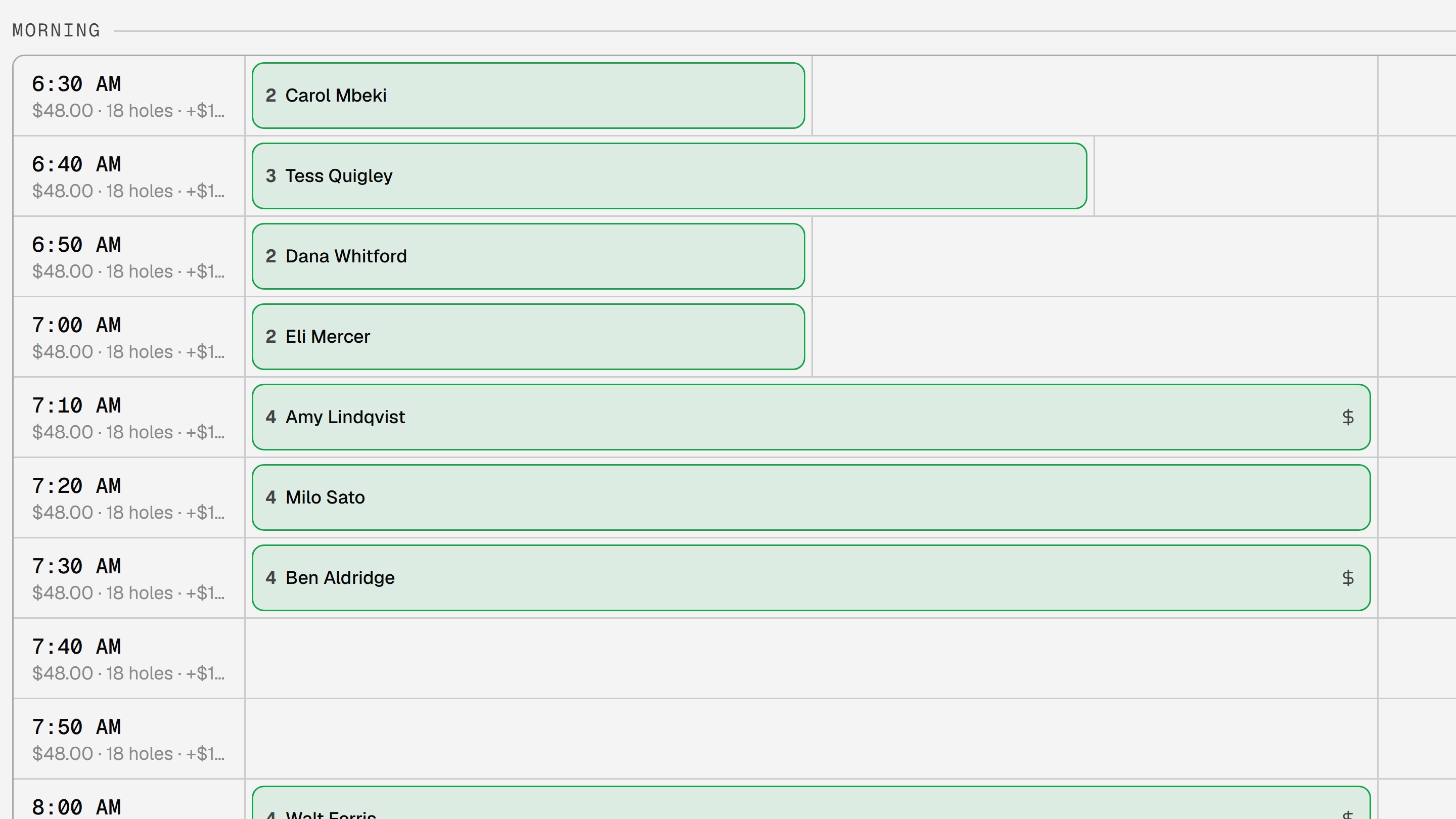The daily tee sheet page in the SCORD portal
