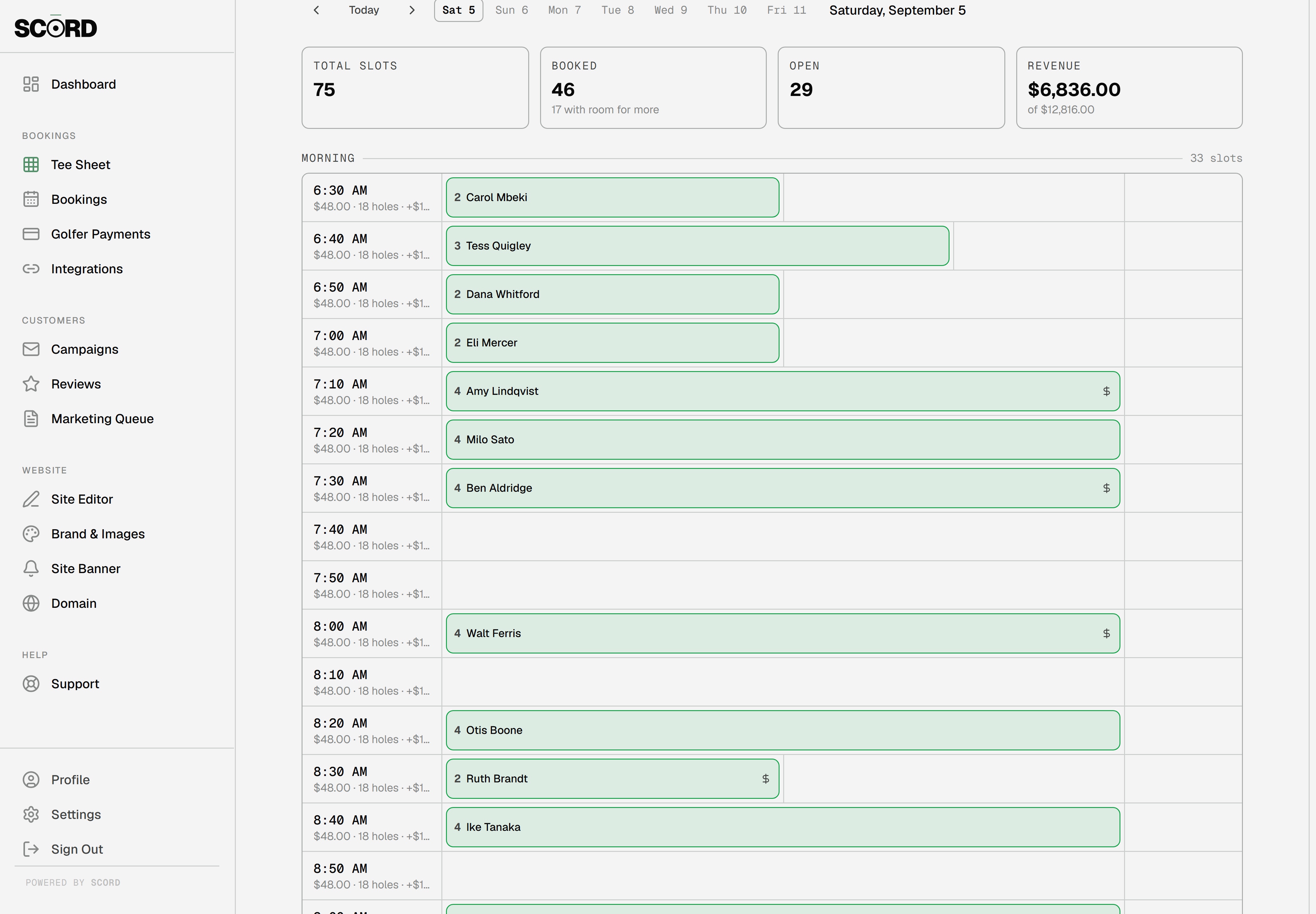 The SCORD tee sheet: a Saturday morning grid with bookings, players, and prepaid markers