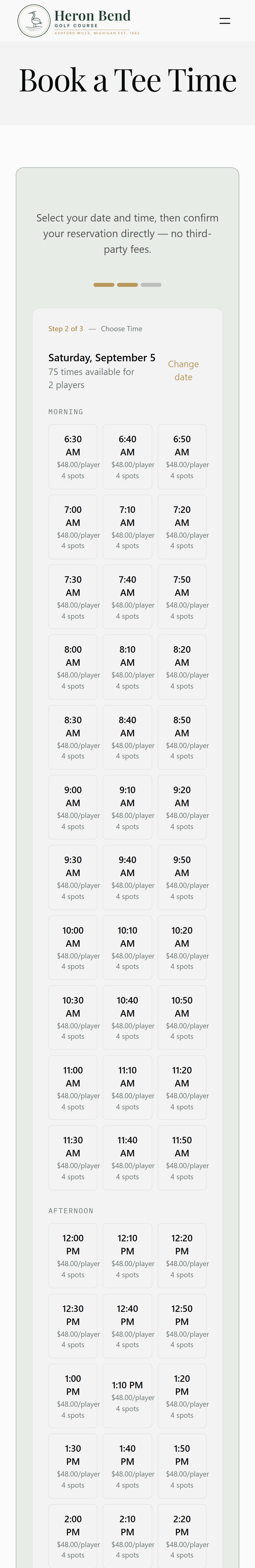 Choosing a tee time on a phone