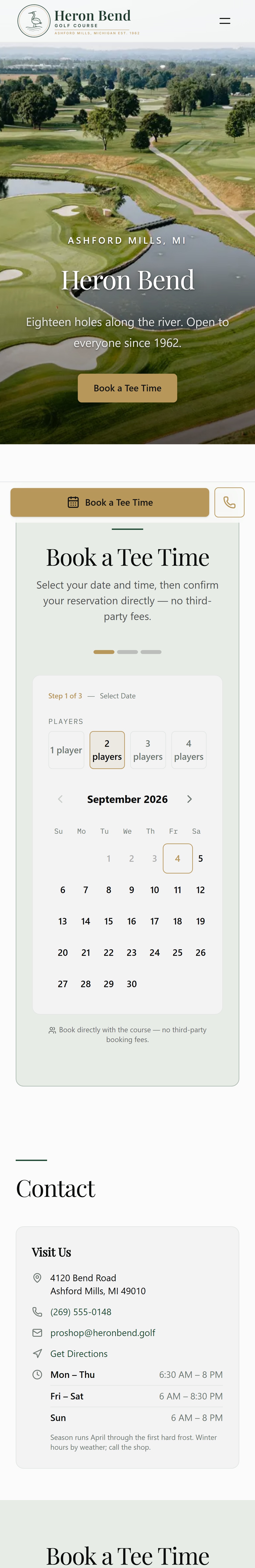 The one-page tee sheet site on a phone